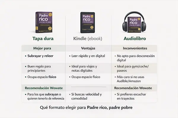 Padre Rico, Padre Pobre 📘 (Robert T. Kiyosaki): Opinión Y Qué Edición Comprar 6 Comparativa Visual De Formatos De Padre Rico, Padre Pobre: Tapa Dura, Kindle Y Audiolibro