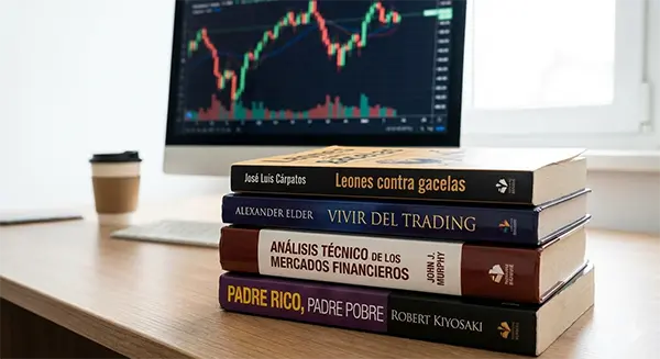 Libros De Trading Recomendados Junto A Una Pantalla Con Gráfico